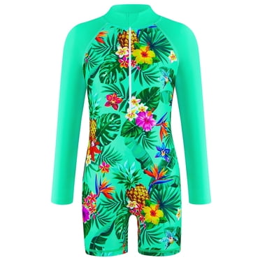 PMVFHDE Girls One Piece Bathing Suit Toddler Swim Suit Girls' Fashion Leaf Printed Long Sleeve Swimming Sunscreen Quick Drying Swimsuit Green,4-5Y