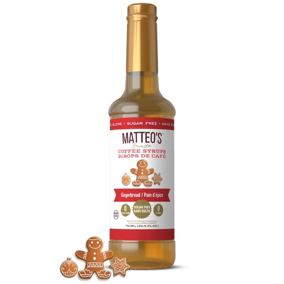 Matteo's Sugar Free Coffee Syrup, Gingerbread, 750mL, 0 Calories, 0 Sugar, (Single Bottle)