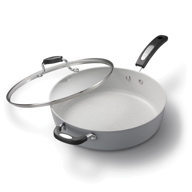 Starfrit The Rock Terra 12" deep fry pan with lid featuring a ceramic non-stick surface free from PFAS, PTFE, and PFOA, scratch-resistant Rock.Tec coating, thick aluminum base for even heat distribution, oven safe up to 350°F, compatible with gas, electric, ceramic, and halogen stovetops, dishwasher safe, with a long black handle and helper handle, ideal for healthy cooking and suitable for simmering sauces.