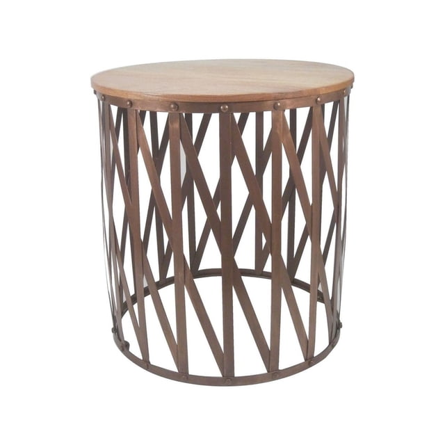 hometrends Copper Iron Table with Solid Wood Top, a round living room side table with a solid mango wood top and copper-coloured iron base featuring crisscross diagonal bars in an open cylindrical frame, suitable for accent furniture and holding small items.