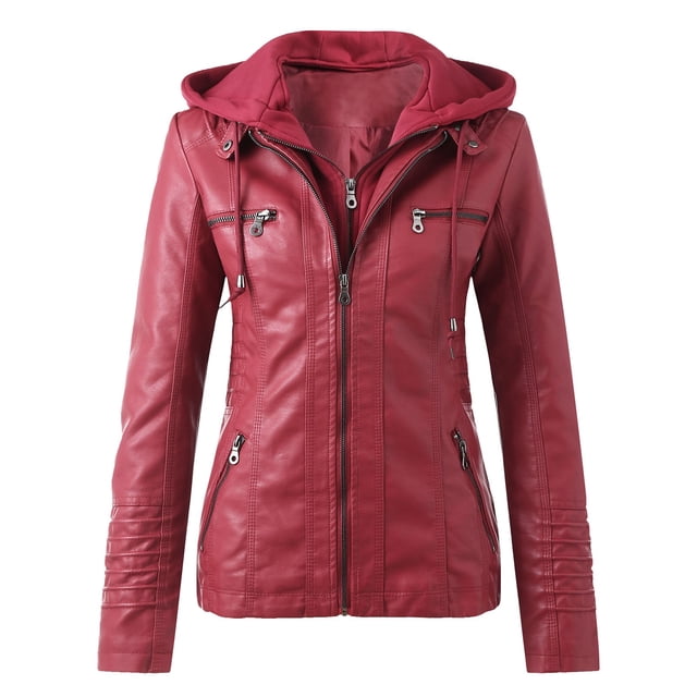IMENGL Veste Zippée à Col Montant Ajustée en Cuir PU style Moto, Rouge 4TG, Taille M-4TG