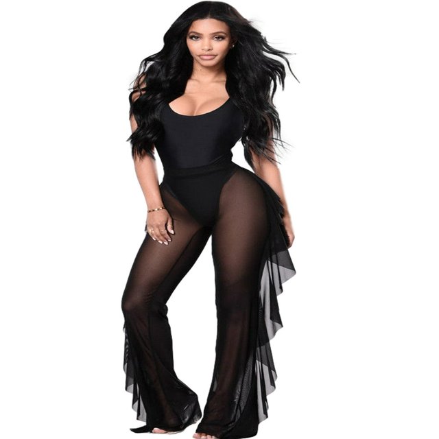 Women Beach Mesh Ruffles Sheer Wide Leg Pants Loose Bikini Cover Up
