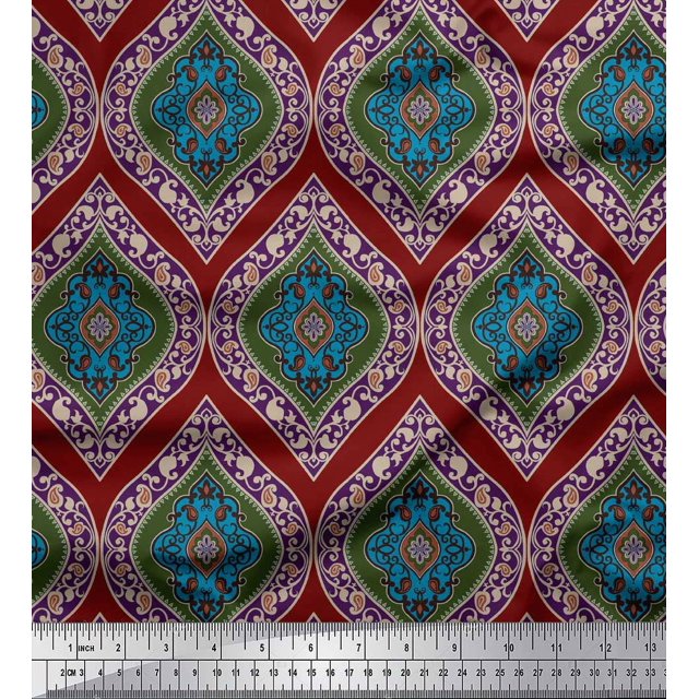 Soimoi Red Modal Satin Fabric Seamless Damask Printed Fabric 1 Yard 42 Inch Wide