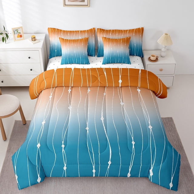 YST Abstract Aesthetic Gradient Ombre Comforter Set, 7-Piece, King, Watercolor Geometric, Dot and Wave Line
