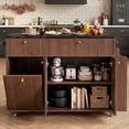 thumbnail image 1 of OMCHOM 48" Walnut Rolling Kitchen Island - Power Outlet, Drop Leaf, 2 Drawers, 3 Doors, Trash Can Cabinet Spice & Towel Rack, 1 of 9