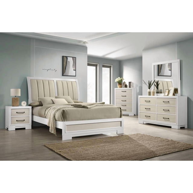 Alyn Ensemble de Chambre Grand 8 Pcs, Blanc, Comprenant un Lit Grand avec Tête de Lit Rembourrée en Tissu et Tiroirs de Rangement Profonds, Deux Tables de Nuit, une Commode à Six Tiroirs, un Miroir et une Haute Commode, le Tout avec Quincaillerie en Métal Brossé et accents de Panneaux Beiges, Idéal pour les Meubles de Chambre et les solutions de Rangement dans une Pièce Moderne avec Murs Gris Pâle et Plancher de Bois.