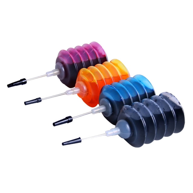 30ml Refill Dye Ink Universal Refill Dye for HP for Brother Inkjet Printer Supplies. The image displays four bottles of refill dye ink in black, red, yellow, and blue, each equipped with a nozzle for precise application. Compatible with refillable ink cartridges and continuous ink supply systems (CISS), suitable for Brother, Canon, Epson, and HP inkjet printers. Each 30ml bottle contains safe, non-toxic ink designed for common printing paper, offering strong infiltration and excellent fastness for durable, high-quality prints.