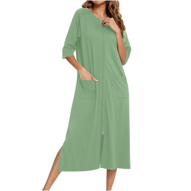 Zip Up Robe for Women Long Housecoat Soft Nightgown with Pockets