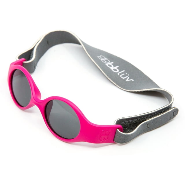 bblüv - Sölar - Infant and Toddler UV Sunglasses in pink with round polarized lenses and a flexible grey adjustable strap featuring the bblüv logo, designed for optimal UV protection and reversible fit for toddlers aged 8 months and up.