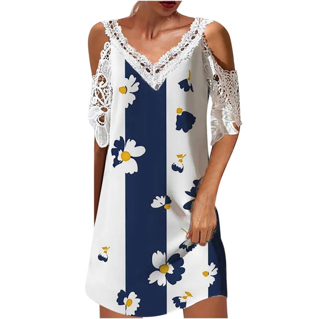 Cameland Robe Femme Mode Aguichant à Col en V à Manches Courtes Ajourée Imprimée à Épaules Dénudées