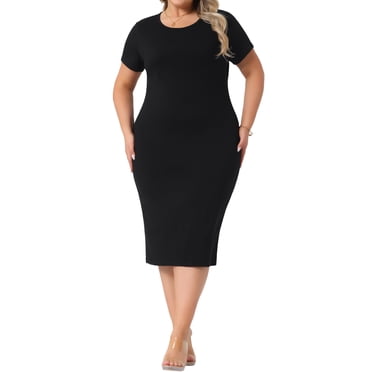 Agnes Orinda Robe Moulante pour Femme Grande Taille Col Rond Manches Courtes Fente Arrière Portefeuille Décontractée Midi T-Shirt Robes 2X Noir
