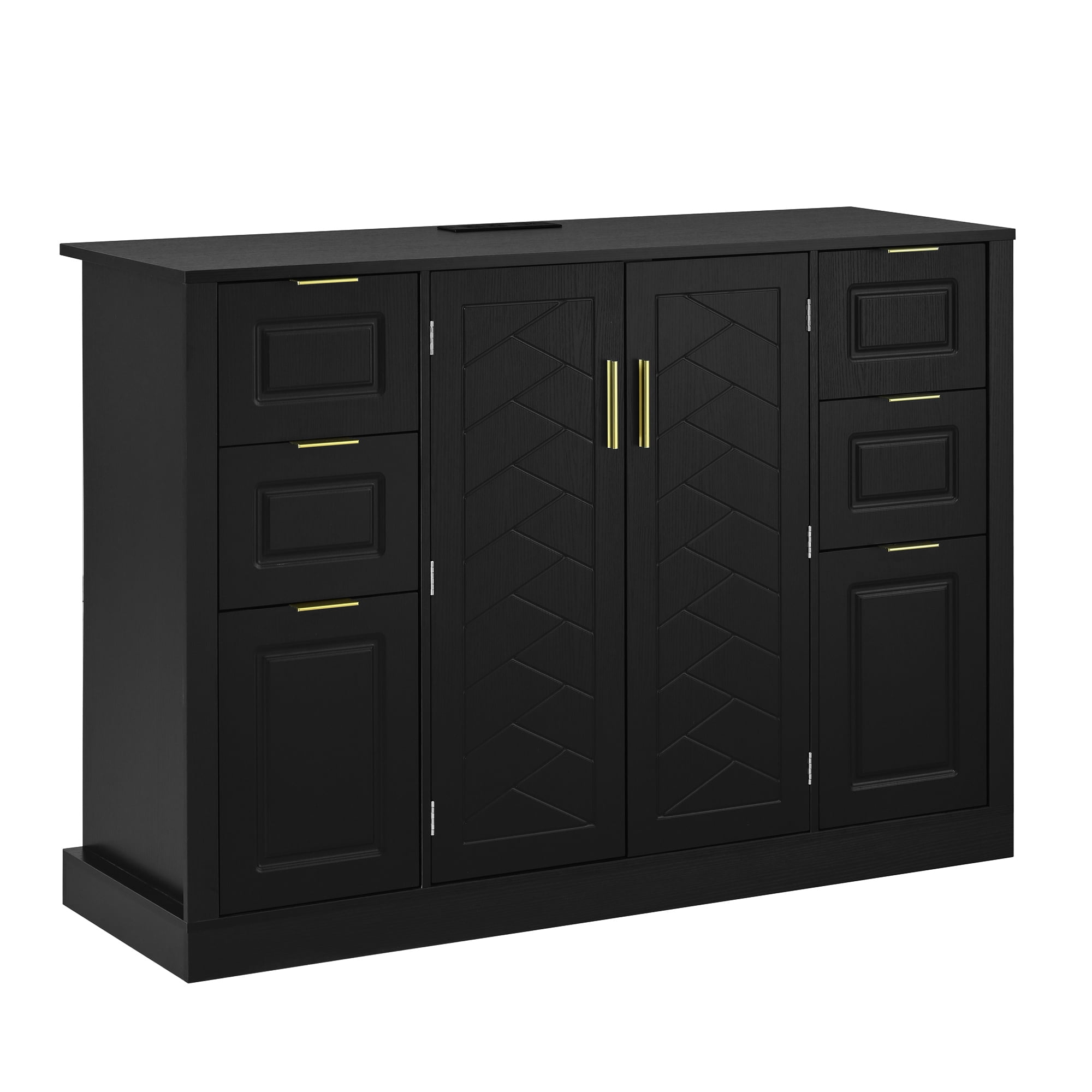 Noble House 47.2" Sideboard Buffet Cabinet with Power Outlet,2 Doors & 6 Drawers,3-Level Adjustable Shelves,Black
