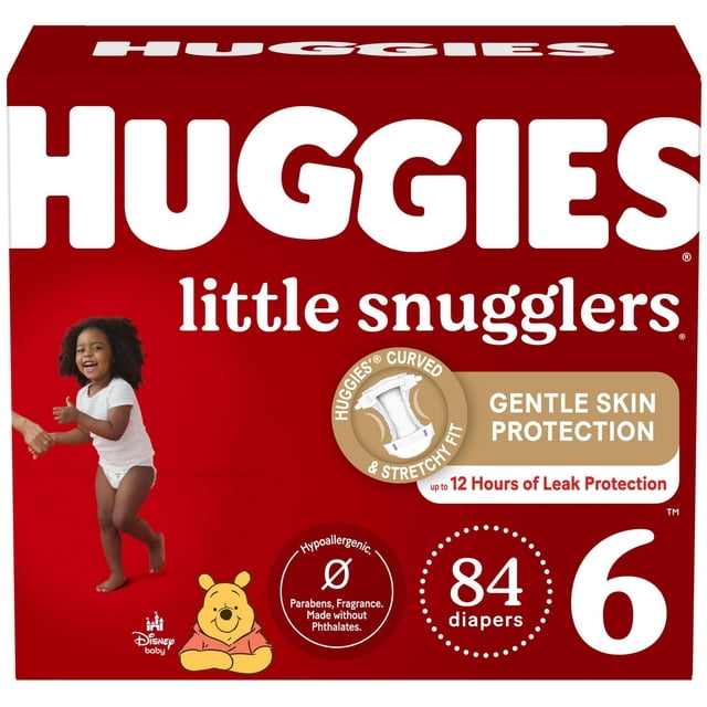 Huggies Little Snugglers Baby Diapers size 6, pack of 84, with gentle skin protection and a curved, stretchy fit providing up to 12 hours of leak protection, hypoallergenic and free of parabens, fragrance, and phthalates, featuring Disney Winnie the Pooh on red packaging.