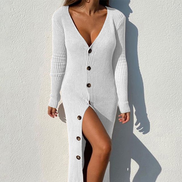 Womens Deep V Neck Button Down Long Knit Sweater Dress Bodycon Long Sleeves Sweater Maxi Dress