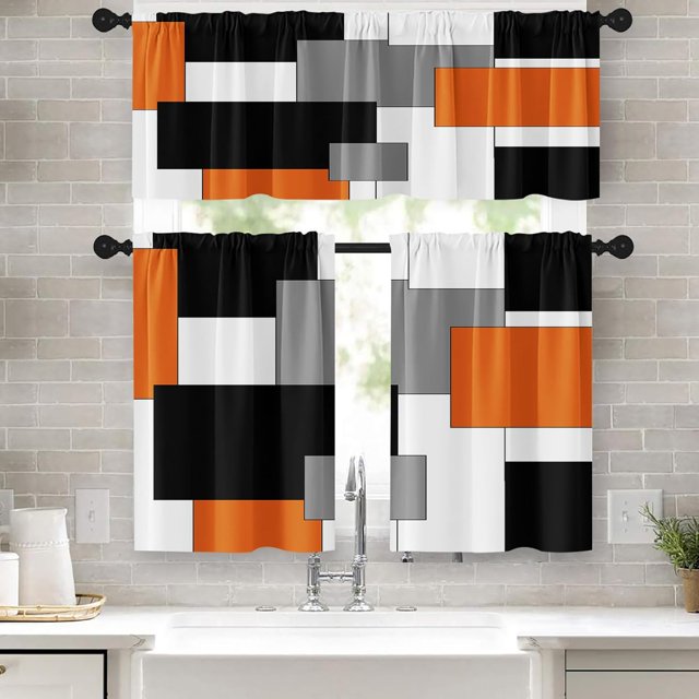 Orange Kitchen Curtains Black Grey Window Curtains Valance and Tier Set 36 Inch, White Modern Rod Pocket Short Tier Curtain for Bathroom, Abstract Art Small Cafe Curtains for Window Decor