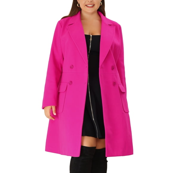 Women's Plus Size Long Winter Coats Notch Lapel Double Breasted Pea Trench Coats 2X Hot Pink