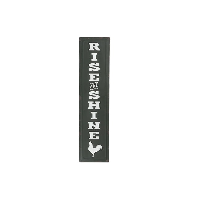 IH Casa Decor Vertical Embossed Metal Sign Rise And Shine is a 31.5-inch tall metal wall décor with white embossed vertical text and a rooster silhouette on a dark background, ideal for kitchen or door display and suitable as a gift for special occasions.