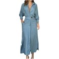thumbnail image 1 of AherBiu Robe de Bureau Décontractée pour Femmes à Manches Longues, Col à Revers, Col en V, Froncée, Ligne A, Grande, avec Poches, 1 of 7