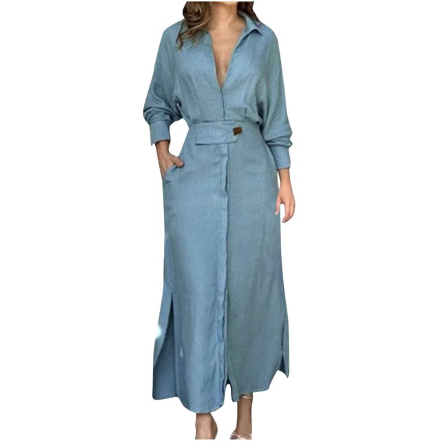 AherBiu Robe de Bureau Décontractée pour Femmes à Manches Longues, Col à Revers, Col en V, Froncée, Ligne A, Grande, avec Poches