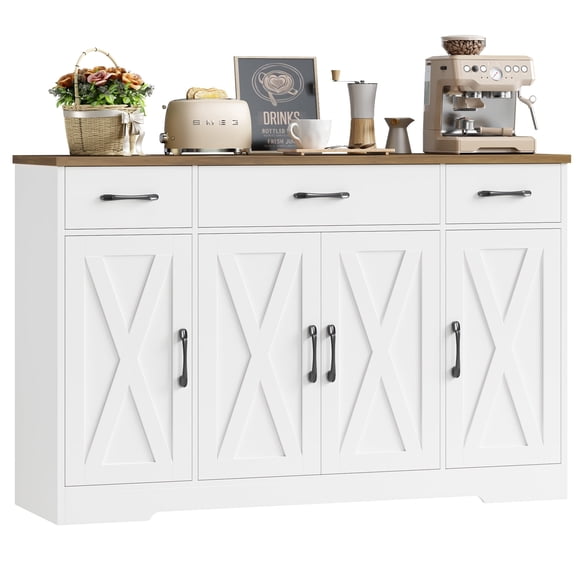 Homfa Buffet Cabinet with 3 Drawers and 4 Doors, 55.1” W Kitchen Sideboard Storage Cabinet with Adjustable Shelves, Farmhouse Coffee Bar Cabinet for Dining Room, White & Brown