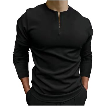 EGNMCR Chemise à Manches Longues pour Homme à Col Rond, Couleur Unie, avec Poche et Fermeture Éclair