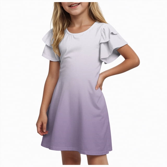 Gubotare Robe Ado Filles Robe Fille Ado Froncée à Étages à Volants Évasée Fluide à Bretelles Été Robes Préado Taille 13-14 (Violet Pâle,13-14 Ans)