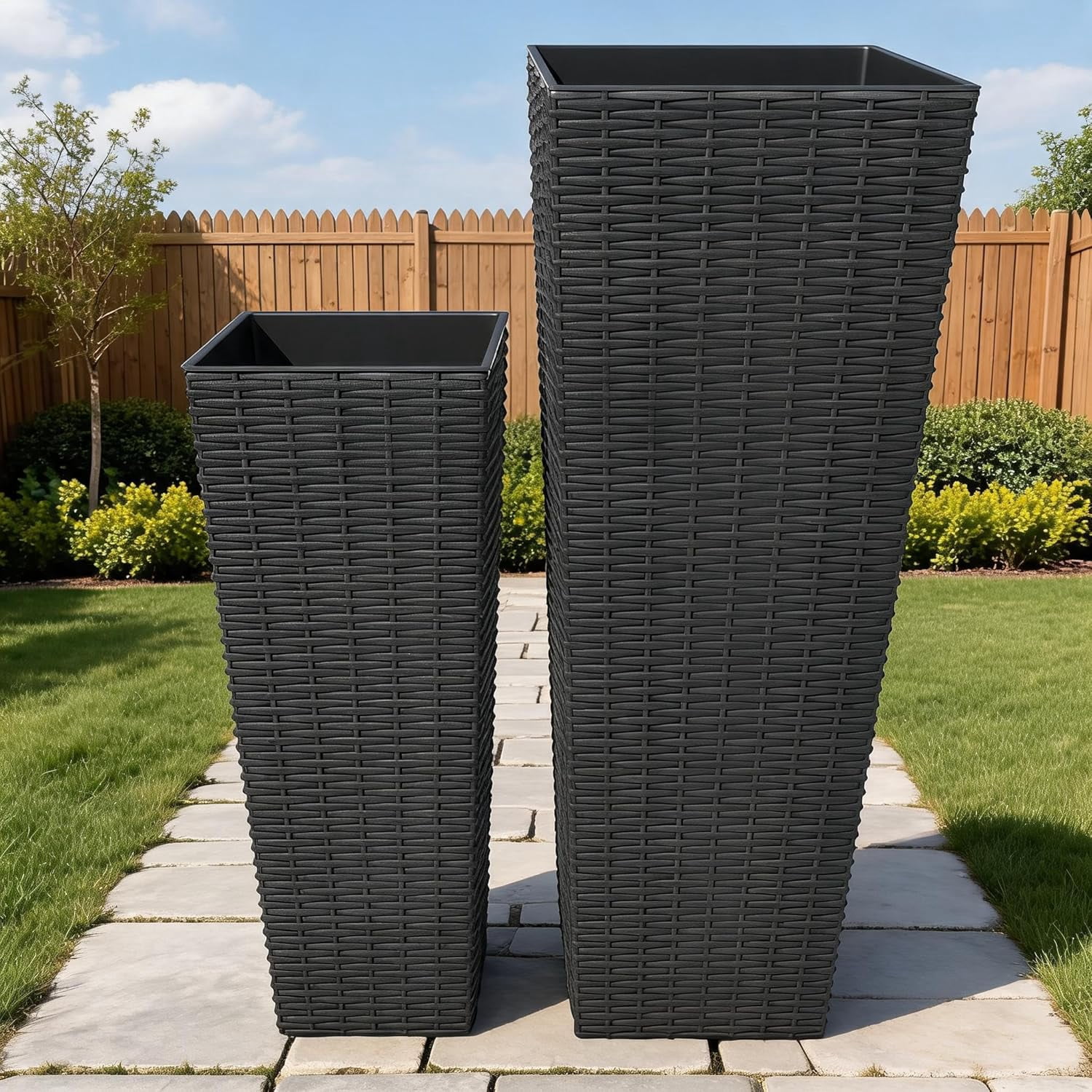 YUSAZENS 2 Pack Black Plastic Outdoor Planter Set One Tall One Short Flower Pot for Backyard Patio Indoor Garden Decoration
