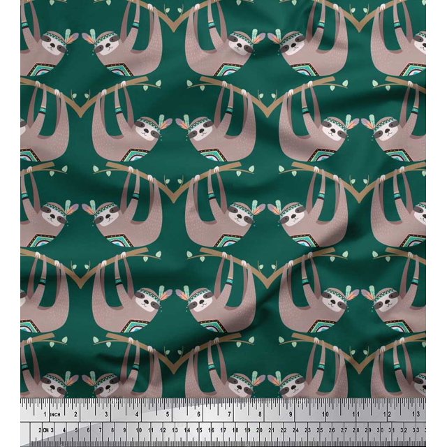 Soimoi Crepe Silk Fabric Feather,Branch & Sloth Cartoon Printed Craft Fabric by The Yard 42 Inch Wide
