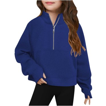 Milgrthf Girls Half Zipper Sweatshirts Cute Trendy Fall Pullover Crop Tops for Teen Girls Long Sleeve Sweater Clothes Thumb Hole Dark Blue 150/11Y