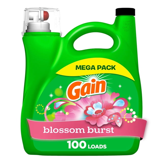 Gain Liquid Laundry Detergent, Blossom Burst Scent, Freshness + Odour Fighting, Laundry Detergent Liquid Soap, HE compatible, 4.25 Litres, 100 Wash Loads front-facing plastic jug with built-in handle and screw cap, label shows floral artwork; suitable for HE and regular washers and cold-water cleaning, often used for pre-soaking stained garments.