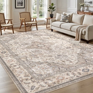 UERMEI 8'x10' Washable Area Rugs for Living Room, Vintage Floral Boho Printed Carpet, Non Slip Indoor Large Rugs for Bedroom Home Decor Carpets, Beige Brown