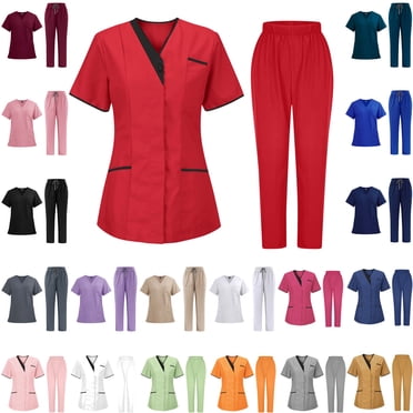 Jinhomg Uniforme Médical d'Infirmière, Ensemble de Sarrau pour Femmes 2 Pcs Léger à Manches Courtes, Haut d'Infirmière à Col en V et Pantalon à Jambe Fuselée avec Poches 2025 Économie Orange m
