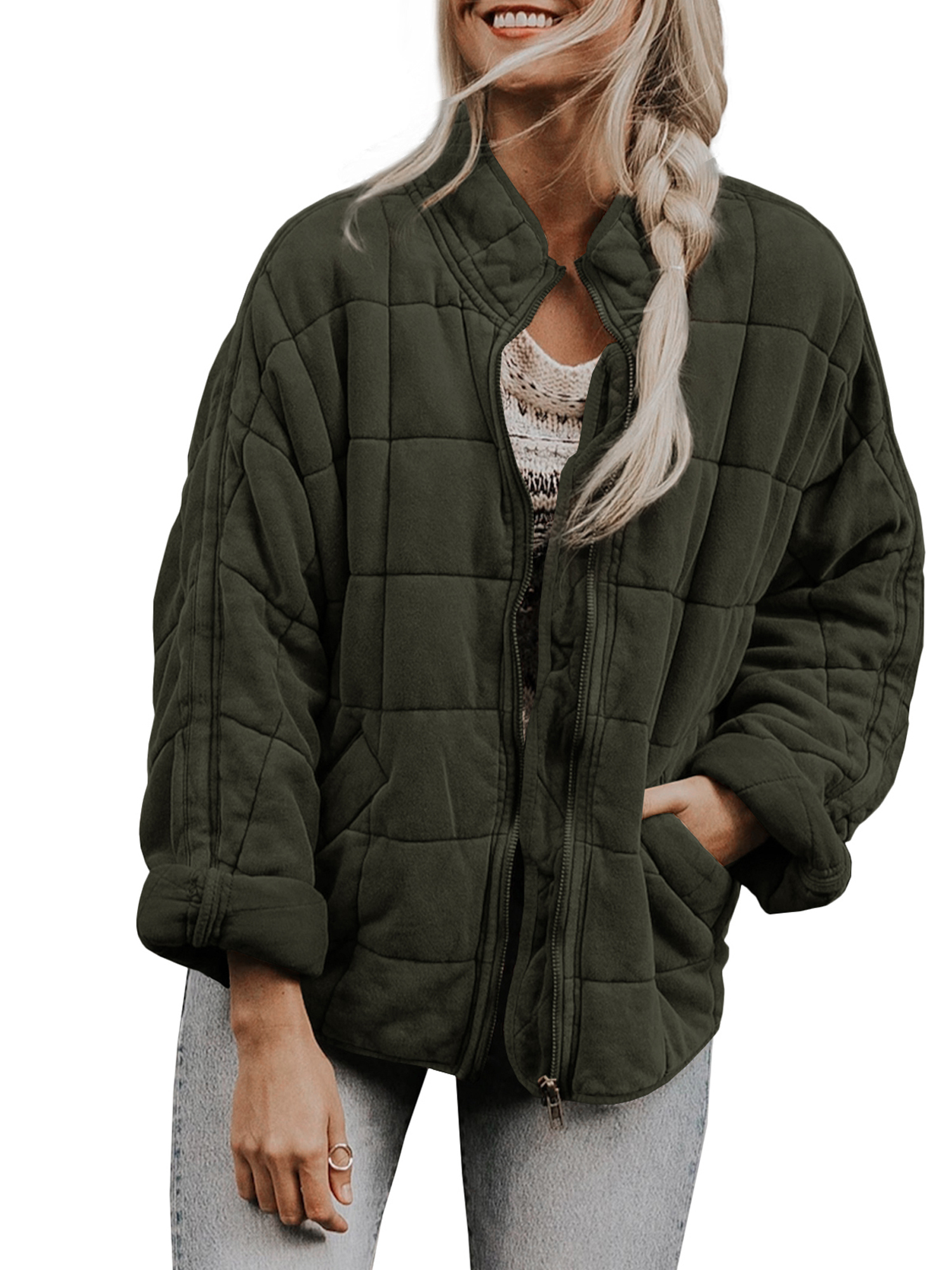 Kmbangi Women Stand Collar Long Sleeve Solid Color Full Zip Quilted Jackets