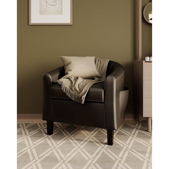 Faux Leather Accent Barrel Chair Upholstered Club Chair with Thick Padded Removable Seat U-Shaped Backrest and Curved Arms for Living Room Bedroom Office Black