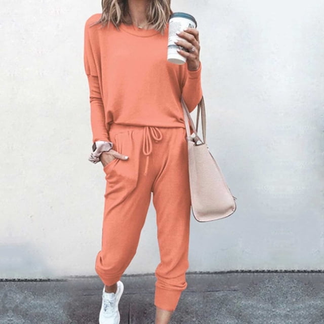 Simua Pantalons à Manches Longues Col Rond 2 Pcs pour Femmes, Pantalons Larges Taille Haute Élastiques avec Poche