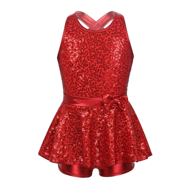 Hansber Robe de Danse Jazz Latine pour Filles Sequins Dos Ouvert Justaucorps de Ballet Performance de Scène Rouge 16