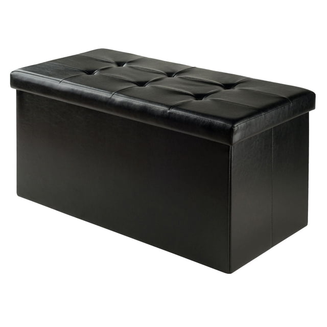 Winsome Ashford Faux Leather Ottoman with Storage in black, a rectangular living room furniture piece with cushioned, button-tufted top and foldable base for compact storage, measuring 15 inches high, 29.9 inches wide, and 15 inches deep, suitable for extra seating and storing cushions or toys.
