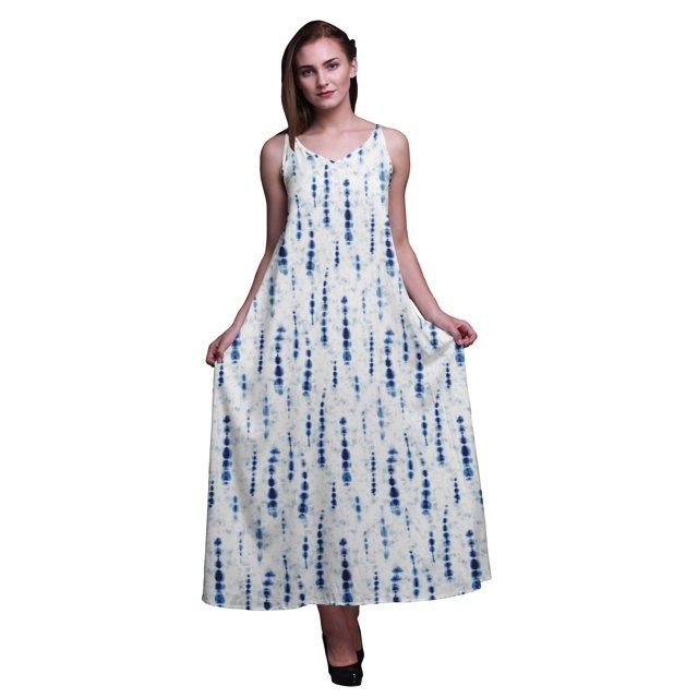 Bimba Robe Longue Maxi de Soirée pour Femmes en Rayonne Shibori Imprimée, Dos Nu, à Bretelles Spaghetti - Petit