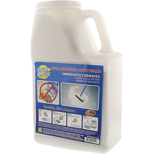 Spill Magic All-Purpose Clean Up 3 Pounds Response Kit SM202DB in a white, refillable plastic container with a handle. The label highlights its ability to immediately remove liquid spills of any origin or viscosity. Instructions for use include sprinkling the powder, stirring with a broom, and sweeping up. Suitable for food, industrial, or biohazard spills.