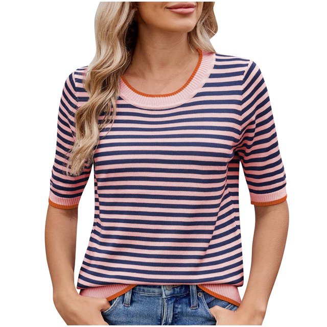 Pisexur Hauts de Printemps pour Femmes 2025, Hauts d'Entraînement pour Femmes, Hauts pour Dames Blouses à Manches Courtes Rayées Col Rond Mode Décontractée Rose, TG