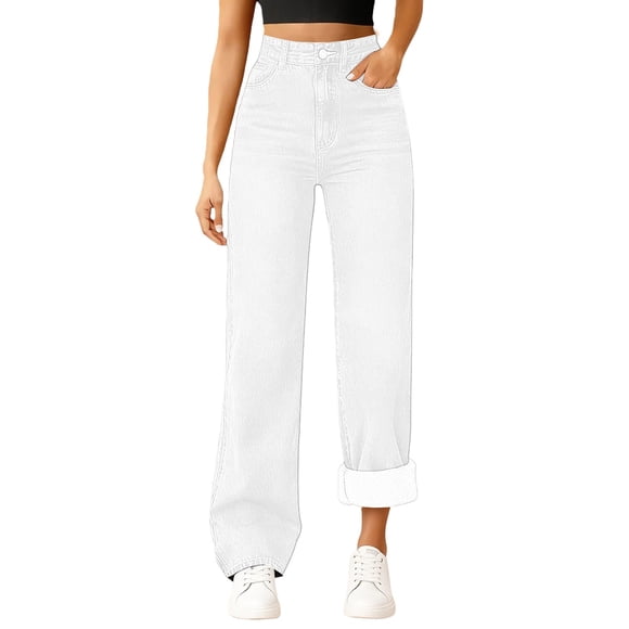 Breezora Womens Straight Leg Jeans with Internal Warm Lining High Waist Comfort Fit Stretchable Denim Trousers for Everyday Wear M Size White