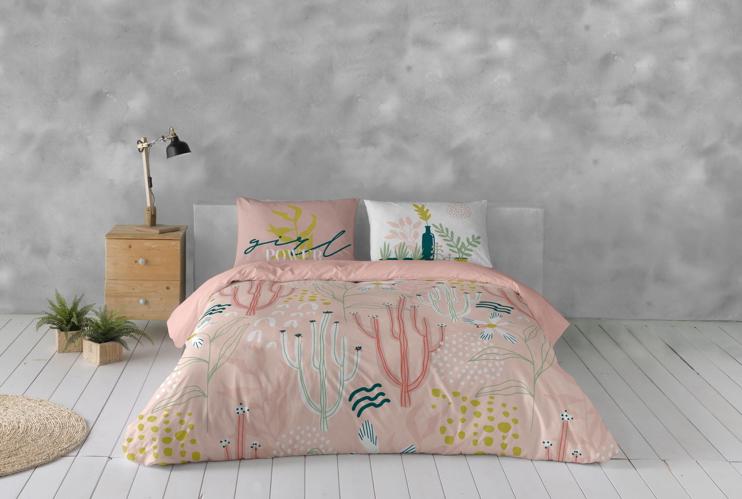 Ensemble de housse de couette Naive 3 pièces de Gouchee Home – Imprimé floral cactus, literie réversible en coton rose