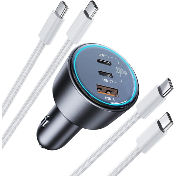 200W Super Fast Car Charger for iPhone 16/15 Pro Max, 3-Port USB C Car Charger Adapter with 2×100W USB C to C Cables, PD3.0/QC4.0, 12V-24V Vehicle Compatible, LED Light & Overheat Protection