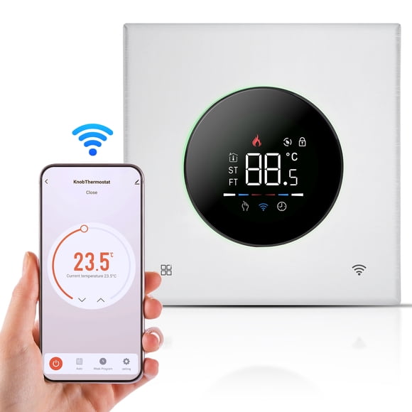 Home Electric Heating Water Gas Boiler Smart Thermostat WiFi Air Conditioner Thermostat with App/Voice Control VA Digital Touch Screen Color Light and Adjustable Knob 5+1+1 Week Programming Mode