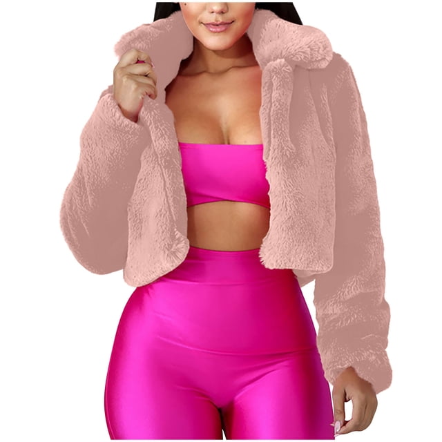 KIHOUT Womens Winter Outerwear Faux Fur Long Sleeve Crop Jacket Solid Color Shaggy Coat Open Front Cardigans