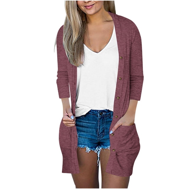 Womens Soft Button Down Cardigan Long Sleeve Light Weight Shirts Jacket Comfy Loose Fall Lounge Wear Tops Wine, 2XL