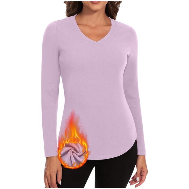 Timegard Womens Tops Fleece Lined Comfy Skinny Tops V Neck Thermal Underwear Fall Winter Solid Color