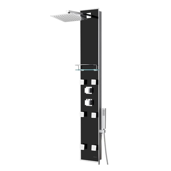 The akuaplus® ZARA stainless steel and glass shower panel with thermostatic cartridge and 3-way diverter, 6 body jets oriental, plus 1 shelf.