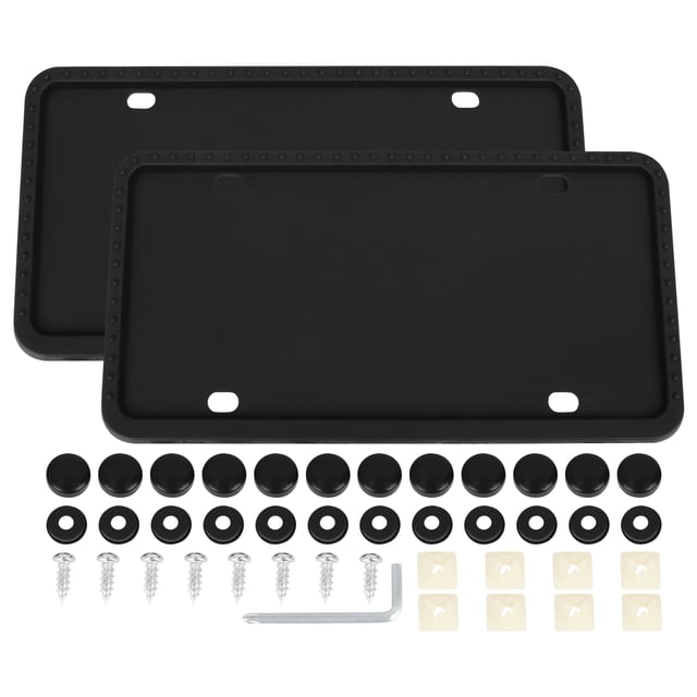 Unique Bargains 2pcs Black Silicone Car License Plate Frame measuring 30x15x0.5cm. The set includes two black silicone frames with drainage holes to prevent water accumulation, along with installation accessories such as screws, caps, and washers. The frames are designed to protect the car body from scratches and the license plate from rust, ensuring durability and maintaining the car's appearance. Suitable for most vehicles, the frames feature a universal fit with four mounting holes for easy installation.