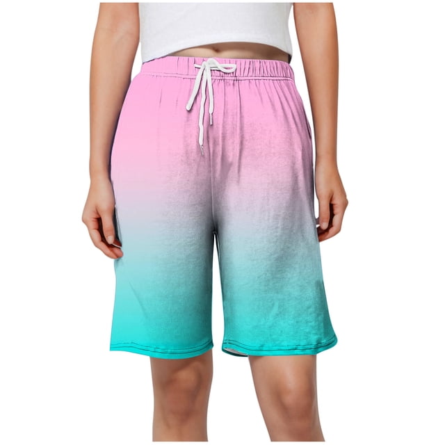 Plebaso Womens Casual Shorts Knee Length Drawstring Shorts Gradient Color Summer Wide Leg Shorts S-5XL